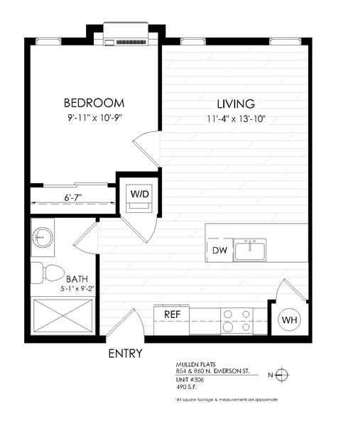 Floor plan for 1 bed, 1 bath, 490 sqft